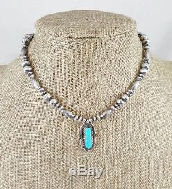 Navajo Stamped Sterling Beads Turquoise VTG Pendant 15.5 Choker Necklace WOW