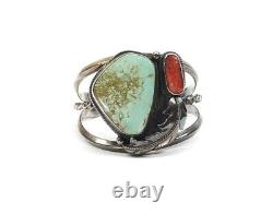 Navajo Sterling Silver Cuff Bracelet Turquoise Coral Feather Vintage Handcrafted