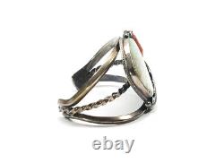 Navajo Sterling Silver Cuff Bracelet Turquoise Coral Feather Vintage Handcrafted