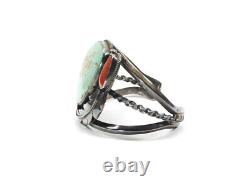 Navajo Sterling Silver Cuff Bracelet Turquoise Coral Feather Vintage Handcrafted