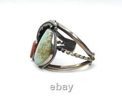 Navajo Sterling Silver Cuff Bracelet Turquoise Coral Feather Vintage Handcrafted