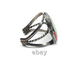 Navajo Sterling Silver Cuff Bracelet Turquoise Coral Feather Vintage Handcrafted