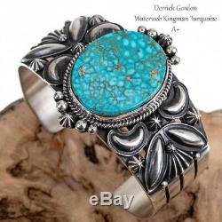 Navajo Turquoise Bracelet Sterling Silver DERRICK GORDON Kingman Spiderweb A++