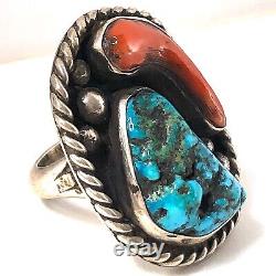 Navajo Turquoise Branch Coral Ring Sz 8.5 Vtg Big Sterling Silver 27g Handmade