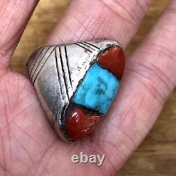 Navajo Turquoise Coral Mens Ring Sz 9.75 Sterling 16g Oval VTG 1960s 70s