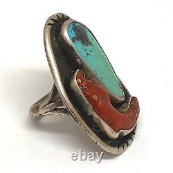 Navajo Turquoise Coral Ring Sz 9 Sterling Silver 20g VTG 60s Mens Castle Dome
