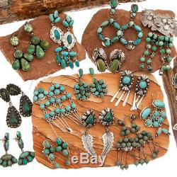 Navajo Turquoise Earrings Green Cluster Sterling Silver Vintage Style Dangles