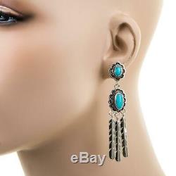 Navajo Turquoise Earrings Sterling Silver LONG Feather Dangles Old Pawn Style