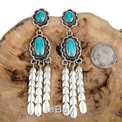 Navajo Turquoise Earrings Sterling Silver LONG Feather Dangles Old Pawn Style