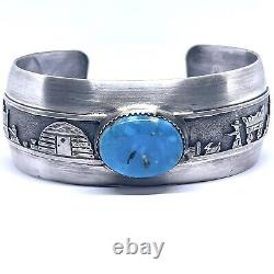 Navajo Turquoise Overlay Cuff Bracelet 6.75in Sterling Signed Nezzie 37g VTG 60s