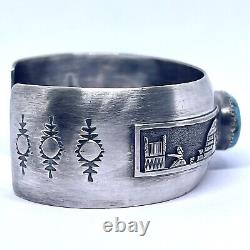 Navajo Turquoise Overlay Cuff Bracelet 6.75in Sterling Signed Nezzie 37g VTG 60s