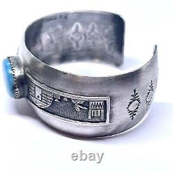 Navajo Turquoise Overlay Cuff Bracelet 6.75in Sterling Signed Nezzie 37g VTG 60s