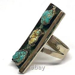Navajo Turquoise Ring Long Sz 7.5 Vtg Sterling Silver 12g Handmade Rectangle