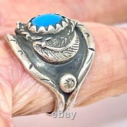 Navajo Turquoise Ring Sz 8 Wedding Band 18mm Two Feathers 60s Patina VTG 6g