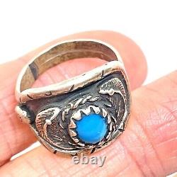 Navajo Turquoise Ring Sz 8 Wedding Band 18mm Two Feathers 60s Patina VTG 6g