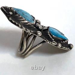 Navajo Turquoise Ring Sz 9.5 Sterling Huge 37g Foliate VTG Feathers 60 70s