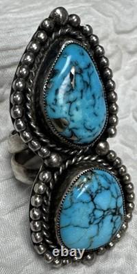 Navajo Vintage Native American Sterling Silver 2 Gorgeous Blue Turquoise Ring 9