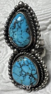 Navajo Vintage Native American Sterling Silver 2 Gorgeous Blue Turquoise Ring 9
