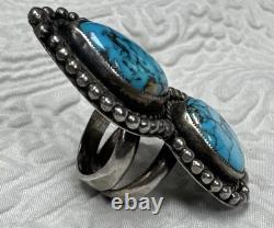 Navajo Vintage Native American Sterling Silver 2 Gorgeous Blue Turquoise Ring 9