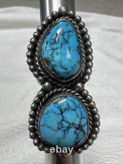 Navajo Vintage Native American Sterling Silver 2 Gorgeous Blue Turquoise Ring 9