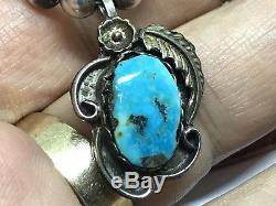Navajo Vintage Sterling Turquoise Blossom Pendant 5.8mm Beads 16.5 Necklace