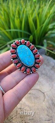 Navajo jewelry Coral & Turquoise Cluster Sterling Ring signedGeneva Size8