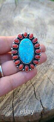 Navajo jewelry Coral & Turquoise Cluster Sterling Ring signedGeneva Size8