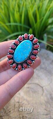 Navajo jewelry Coral & Turquoise Cluster Sterling Ring signedGeneva Size8