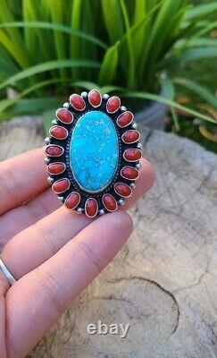 Navajo jewelry Coral & Turquoise Cluster Sterling Ring signedGeneva Size8