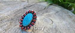 Navajo jewelry Coral & Turquoise Cluster Sterling Ring signedGeneva Size8