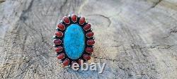 Navajo jewelry Coral & Turquoise Cluster Sterling Ring signedGeneva Size8