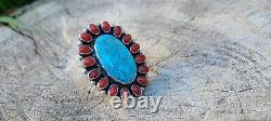 Navajo jewelry Coral & Turquoise Cluster Sterling Ring signedGeneva Size8