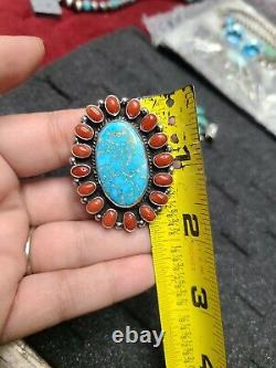 Navajo jewelry Coral & Turquoise Cluster Sterling Ring signedGeneva Size8