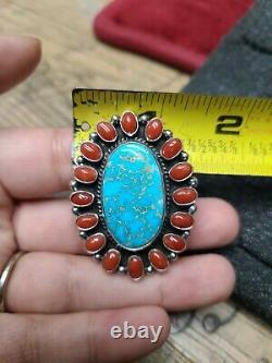 Navajo jewelry Coral & Turquoise Cluster Sterling Ring signedGeneva Size8