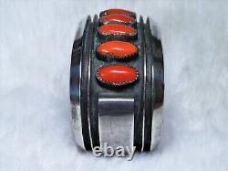 Navajo, modernist sterling silver Red Mediterranean Coral Row Cuff Bracelet