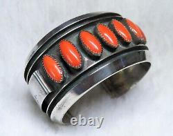 Navajo, modernist sterling silver Red Mediterranean Coral Row Cuff Bracelet