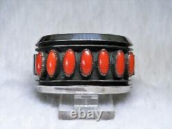 Navajo, modernist sterling silver Red Mediterranean Coral Row Cuff Bracelet