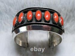 Navajo, modernist sterling silver Red Mediterranean Coral Row Cuff Bracelet
