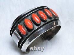 Navajo, modernist sterling silver Red Mediterranean Coral Row Cuff Bracelet