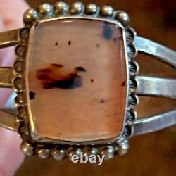 Navajo old pawn vtg Sterling Silver & Petrified Wood Cuff Fred Harvey Era