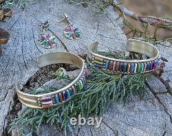 Needlepoint Bracelets Earrings Set Vintage Native American Jewelry South West