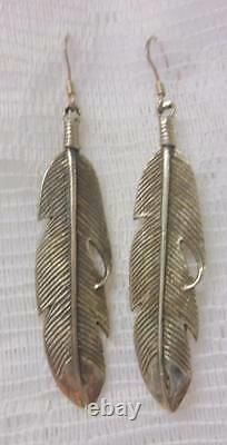 Nice Navajo Handmade Indian Native American Sterling Silver Feather Earrings