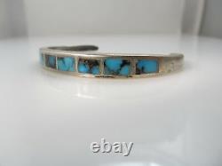 Nice Vintage Natural Turquoise Inlay Sterling Silver Cuff Bracelet Native Americ