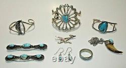 Nice Vtg Lot Of 9 Piece Native American Sterling Silver & Turquoise Jewelry