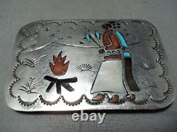 Nightfire Vintage Navajo Turquoise Coral Inlay Sterling Silver Buckle