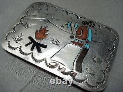 Nightfire Vintage Navajo Turquoise Coral Inlay Sterling Silver Buckle