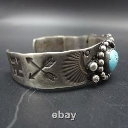 OLD 1930s NAVAJO Hand Stamped Sterling Silver TURQUOISE BRACELET Whirling Logs