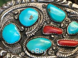 OLD Pawn Vintage Navajo CORAL & TURQUOISE With Snake Sterling Silver Belt Buckle