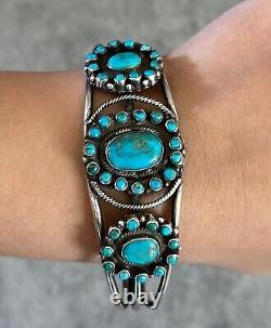OLD VINTAGE Native American ZUNI 40's Turquoise Cluster Sterling silver Bracelet