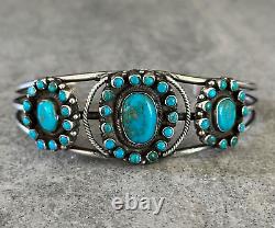 OLD VINTAGE Native American ZUNI 40's Turquoise Cluster Sterling silver Bracelet